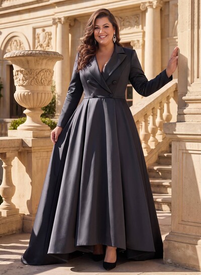A-Line V-Neck Long Sleeves Asymmetrical Satin Mother Of The Bride Dresses With