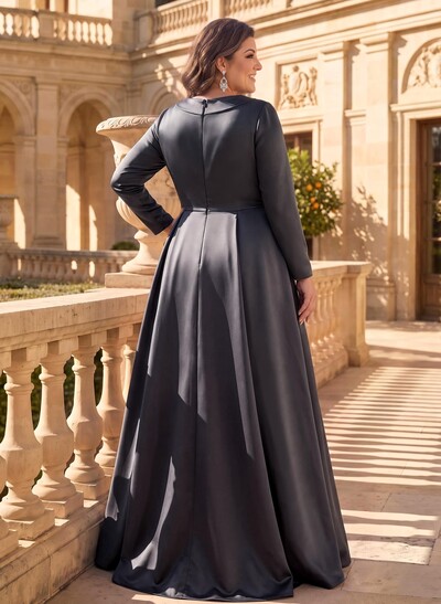 A-Line V-Neck Long Sleeves Asymmetrical Satin Mother Of The Bride Dresses With