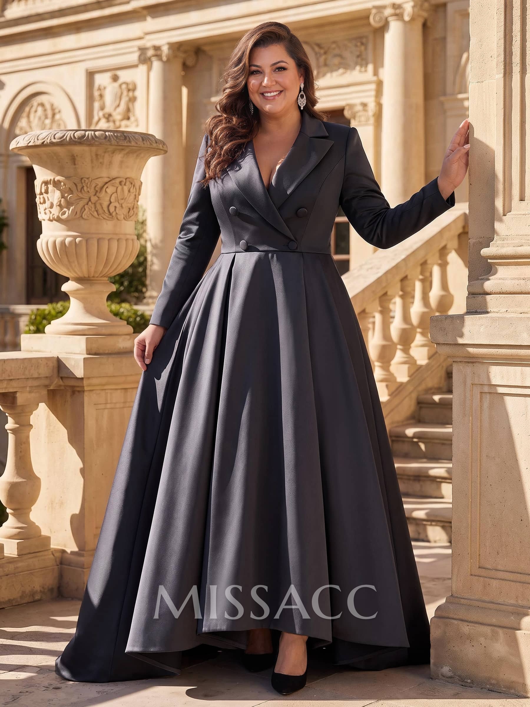 A-Line V-Neck Long Sleeves Asymmetrical Satin Mother Of The Bride Dresses With
