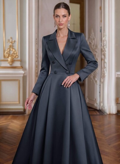 A-Line V-Neck Long Sleeves Asymmetrical Satin Mother Of The Bride Dresses With