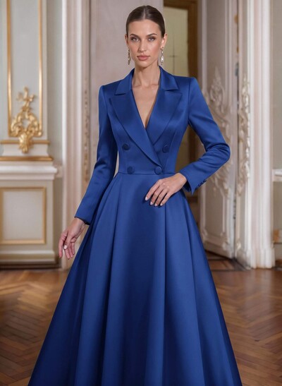 A-Line V-Neck Long Sleeves Asymmetrical Satin Mother Of The Bride Dresses With