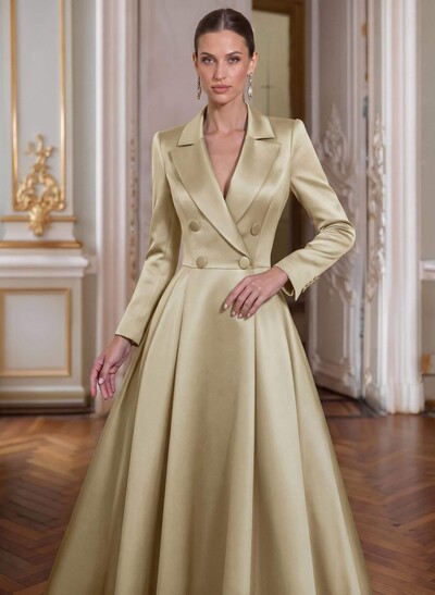 A-Line V-Neck Long Sleeves Asymmetrical Satin Mother Of The Bride Dresses With