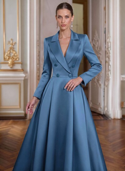 A-Line V-Neck Long Sleeves Asymmetrical Satin Mother Of The Bride Dresses With