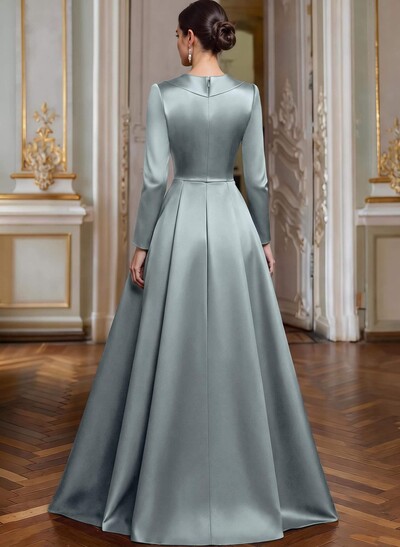 A-Line V-Neck Long Sleeves Asymmetrical Satin Mother Of The Bride Dresses With