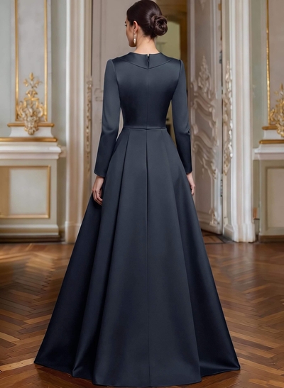 A-Line V-Neck Long Sleeves Asymmetrical Satin Mother Of The Bride Dresses With