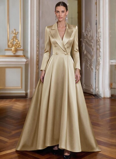 A-Line V-Neck Long Sleeves Asymmetrical Satin Mother Of The Bride Dresses
