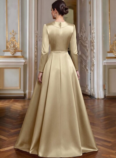 A-Line V-Neck Long Sleeves Asymmetrical Satin Mother Of The Bride Dresses With