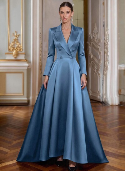 A-Line V-Neck Long Sleeves Asymmetrical Satin Mother Of The Bride Dresses