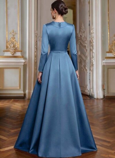 A-Line V-Neck Long Sleeves Asymmetrical Satin Mother Of The Bride Dresses With