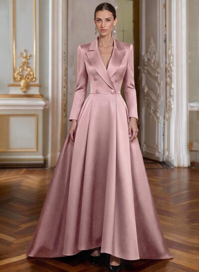 A-Line V-Neck Long Sleeves Asymmetrical Satin Mother Of The Bride Dresses With