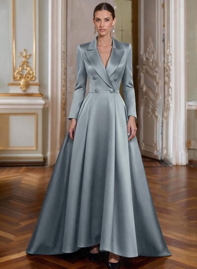 A-Line V-Neck Long Sleeves Asymmetrical Satin Mother Of The Bride Dresses