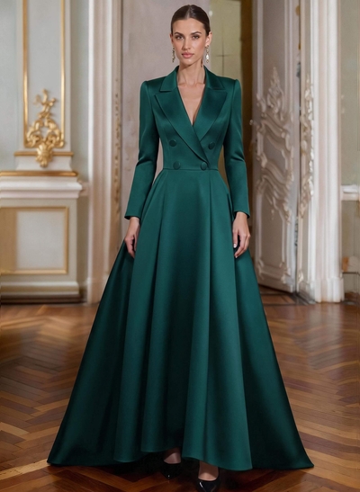 A-Line V-Neck Long Sleeves Asymmetrical Satin Mother Of The Bride Dresses With