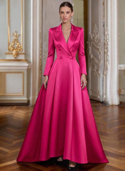 A-Line V-Neck Long Sleeves Asymmetrical Satin Mother Of The Bride Dresses With