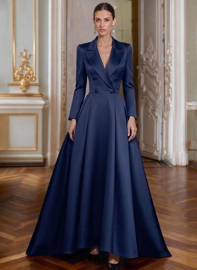 A-Line V-Neck Long Sleeves Asymmetrical Satin Mother Of The Bride Dresses With