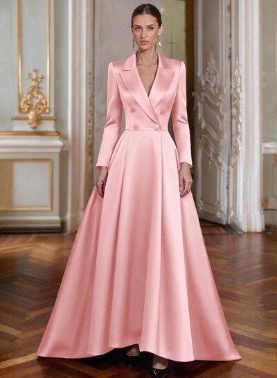 A-Line V-Neck Long Sleeves Asymmetrical Satin Mother Of The Bride Dresses With