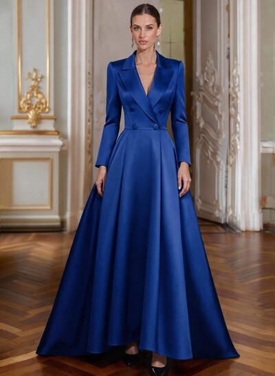 A-Line V-Neck Long Sleeves Asymmetrical Satin Mother Of The Bride Dresses