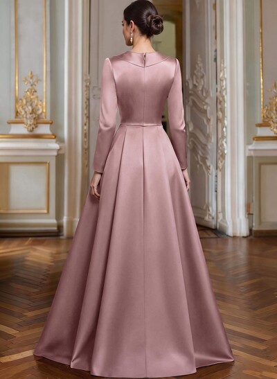 A-Line V-Neck Long Sleeves Asymmetrical Satin Mother Of The Bride Dresses With
