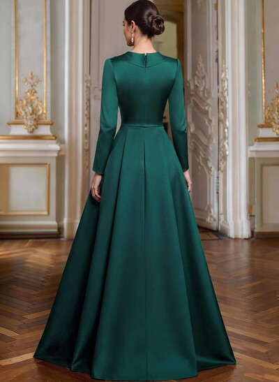 A-Line V-Neck Long Sleeves Asymmetrical Satin Mother Of The Bride Dresses With