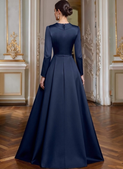 A-Line V-Neck Long Sleeves Asymmetrical Satin Mother Of The Bride Dresses With