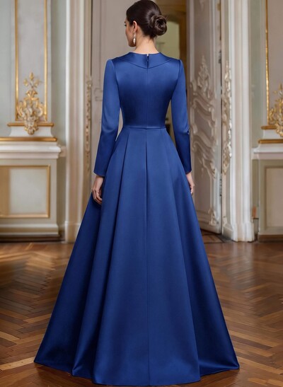 A-Line V-Neck Long Sleeves Asymmetrical Satin Mother Of The Bride Dresses With