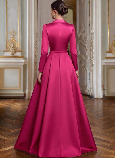 A-Line V-Neck Long Sleeves Asymmetrical Satin Mother Of The Bride Dresses