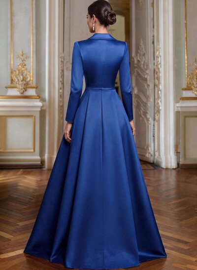 A-Line V-Neck Long Sleeves Asymmetrical Satin Mother Of The Bride Dresses