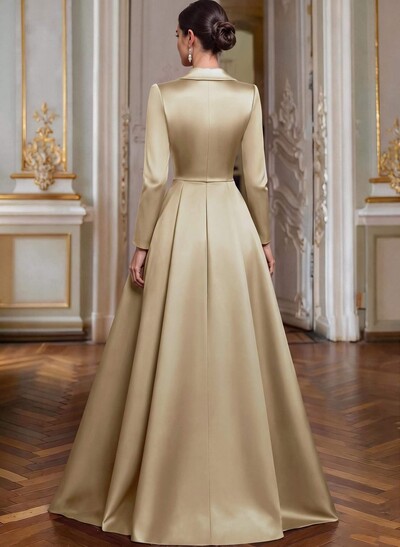 A-Line V-Neck Long Sleeves Asymmetrical Satin Mother Of The Bride Dresses