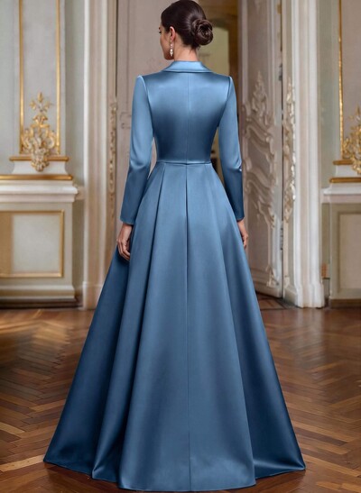 A-Line V-Neck Long Sleeves Asymmetrical Satin Mother Of The Bride Dresses