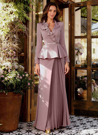 Sheath/Column V-Neck Long Sleeves Floor-Length Elastic Satin Mother Of The Bride Dresses With Pleated/Flower(s)