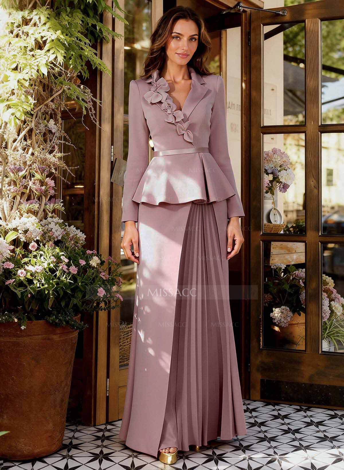Sheath/Column V-Neck Long Sleeves Floor-Length Elastic Satin Mother Of The Bride Dresses With Pleated/Flower(s)