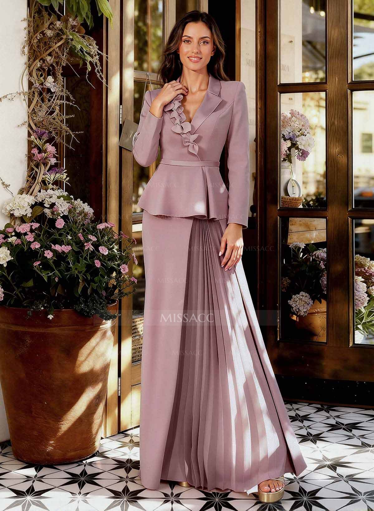 Sheath/Column V-Neck Long Sleeves Floor-Length Elastic Satin Mother Of The Bride Dresses With Pleated/Flower(s)