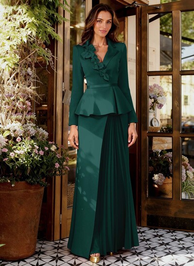Sheath/Column V-Neck Long Sleeves Floor-Length Elastic Satin Mother Of The Bride Dresses With Pleated/Flower(s)