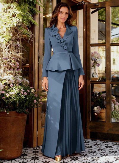 Sheath/Column V-Neck Long Sleeves Floor-Length Elastic Satin Mother Of The Bride Dresses With Pleated/Flower(s)