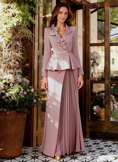 Sheath/Column V-Neck Long Sleeves Floor-Length Elastic Satin Mother Of The Bride Dresses With Pleated/Flower(s)