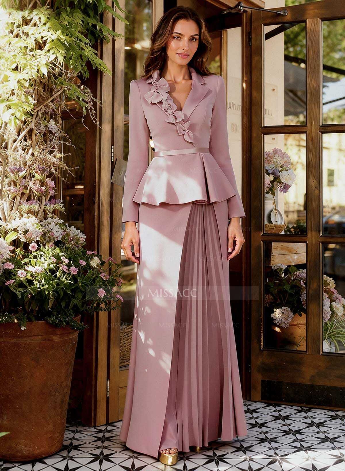 Sheath/Column V-Neck Long Sleeves Floor-Length Elastic Satin Mother Of The Bride Dresses With Pleated/Flower(s)