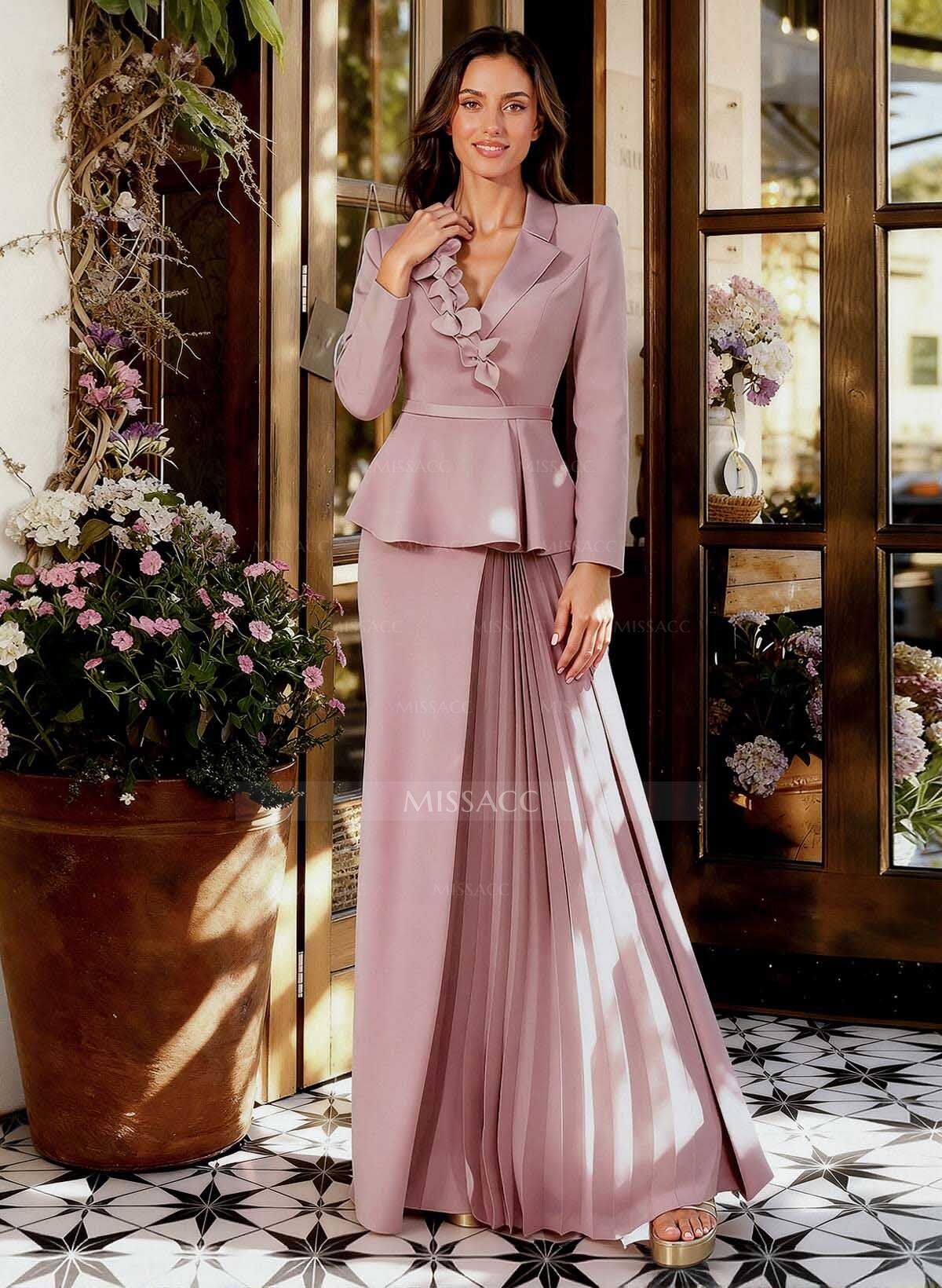 Sheath/Column V-Neck Long Sleeves Floor-Length Elastic Satin Mother Of The Bride Dresses With Pleated/Flower(s)