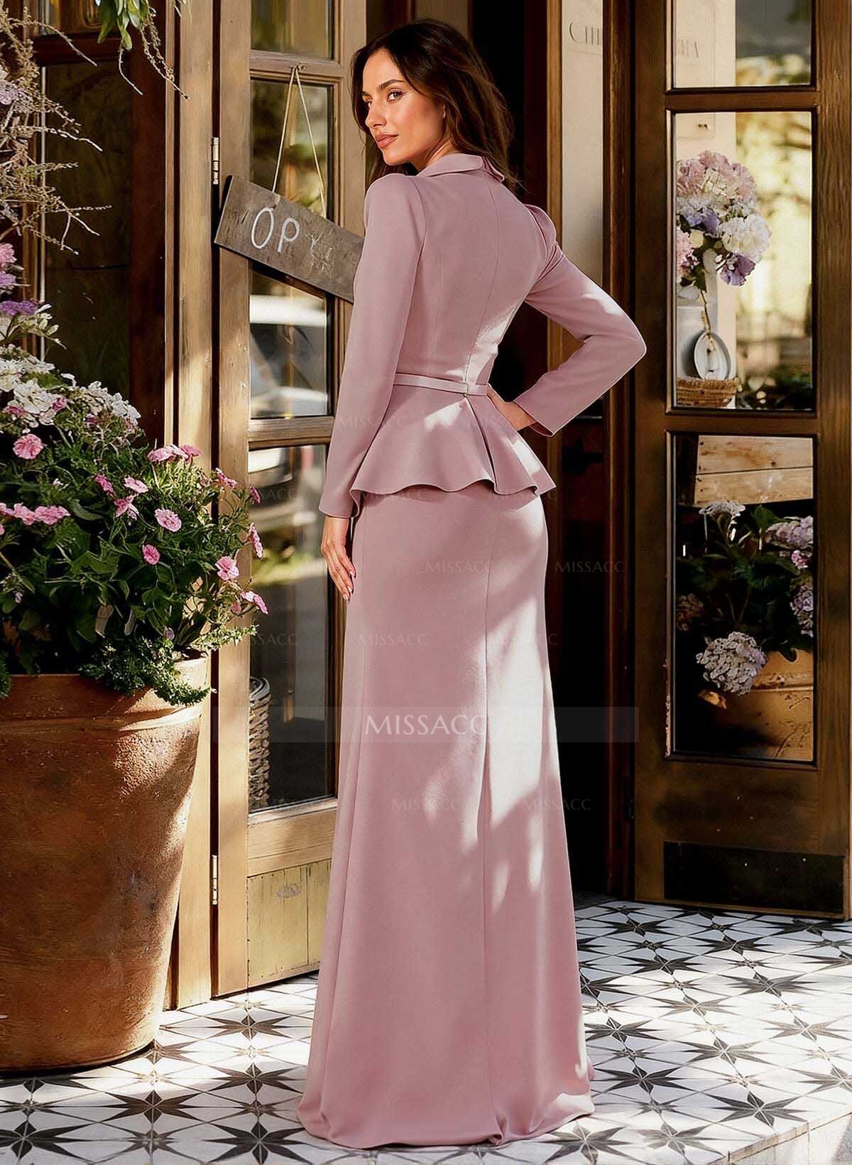 Sheath/Column V-Neck Long Sleeves Floor-Length Elastic Satin Mother Of The Bride Dresses With Pleated/Flower(s)