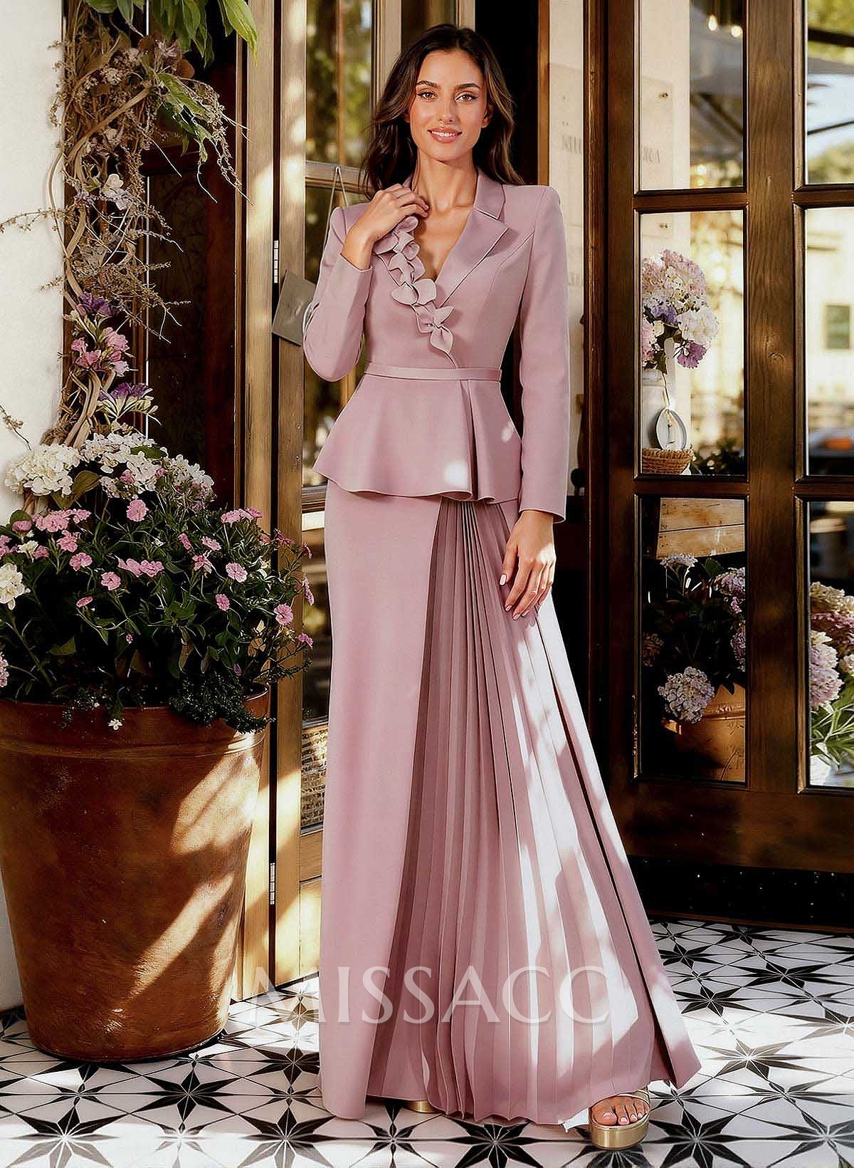 Sheath/Column V-Neck Long Sleeves Floor-Length Elastic Satin Mother Of The Bride Dresses With Pleated/Flower(s)