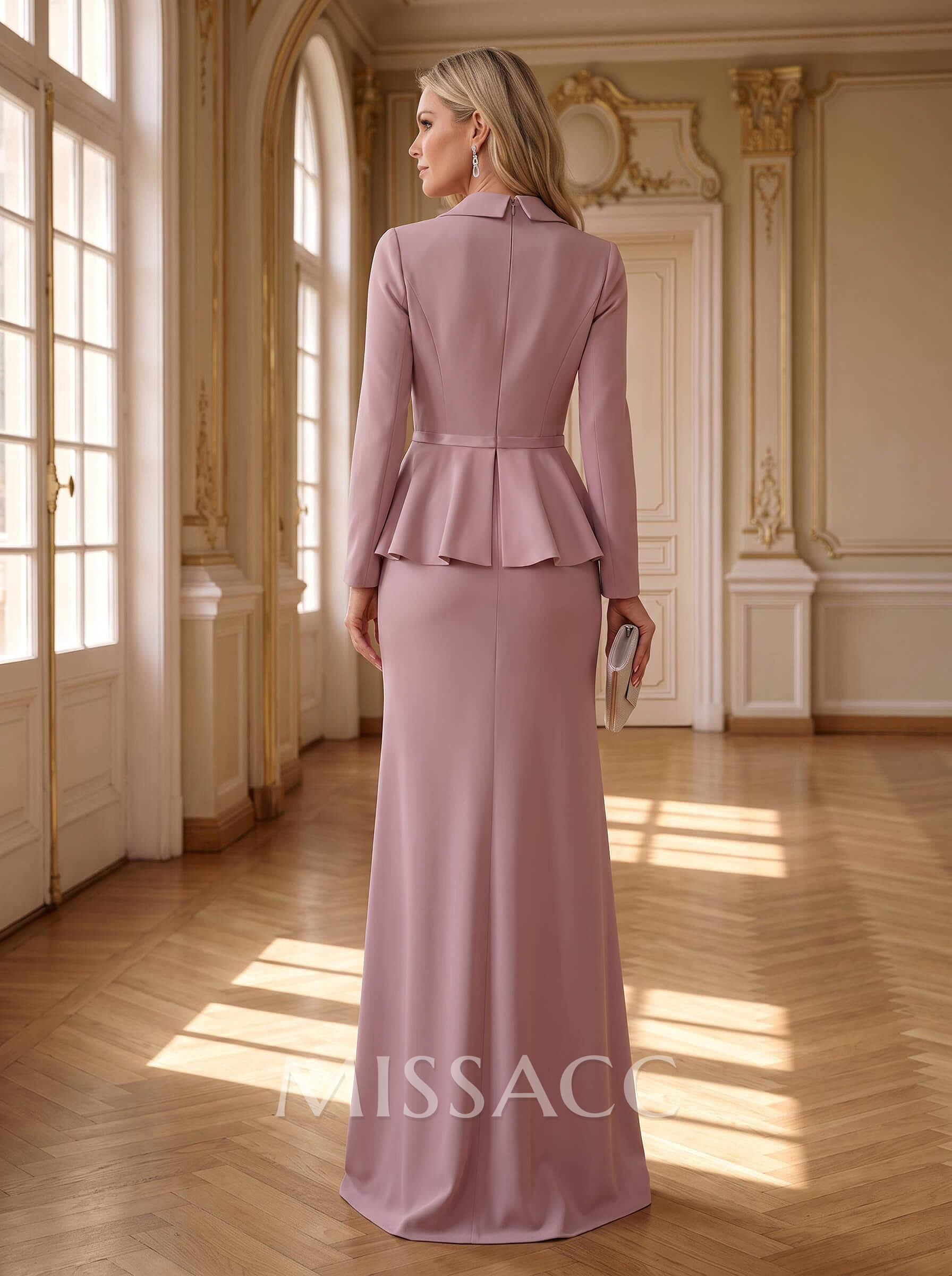 Sheath/Column V-Neck Long Sleeves Floor-Length Elastic Satin Mother Of The Bride Dresses With Pleated/Flower(s)