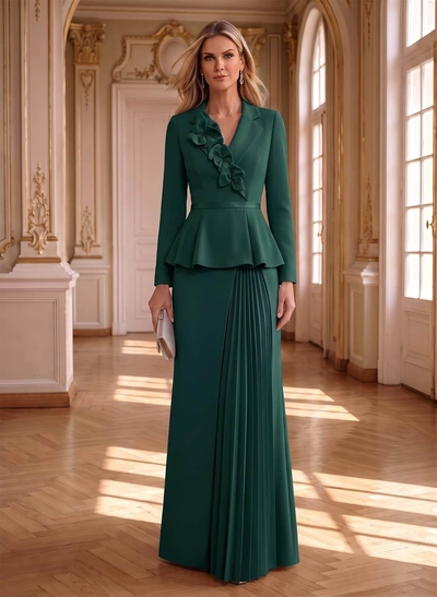 Sheath/Column V-Neck Long Sleeves Floor-Length Elastic Satin Mother Of The Bride Dresses With Pleated/Flower(s)