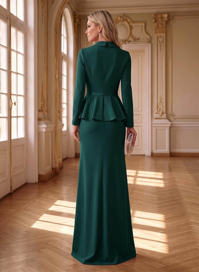 Sheath/Column V-Neck Long Sleeves Floor-Length Elastic Satin Mother Of The Bride Dresses With Pleated/Flower(s)