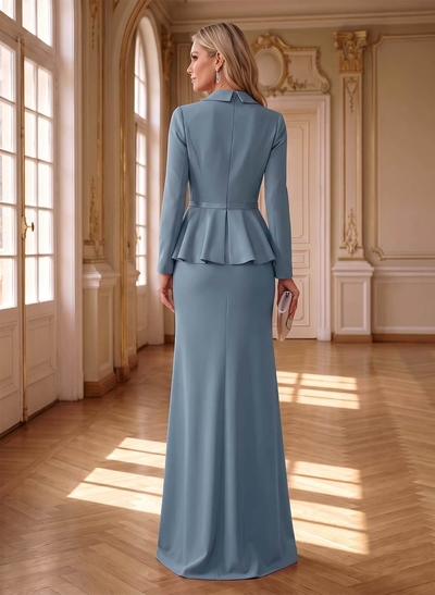 Sheath/Column V-Neck Long Sleeves Floor-Length Elastic Satin Mother Of The Bride Dresses With Pleated/Flower(s)