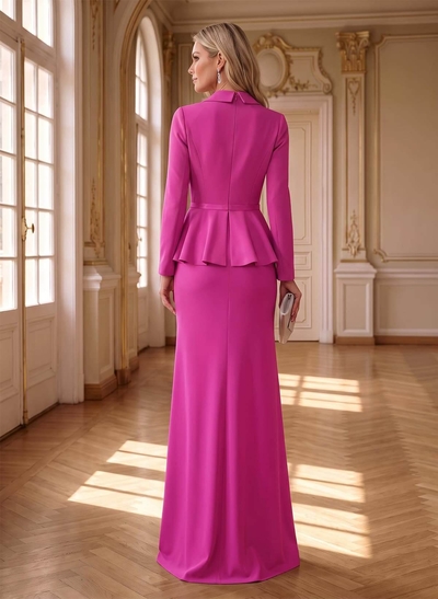 Sheath/Column V-Neck Long Sleeves Floor-Length Elastic Satin Mother Of The Bride Dresses With Pleated/Flower(s)