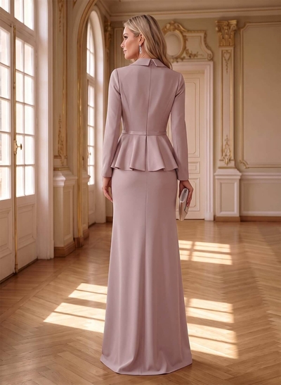 Sheath/Column V-Neck Long Sleeves Floor-Length Elastic Satin Mother Of The Bride Dresses With Pleated/Flower(s)