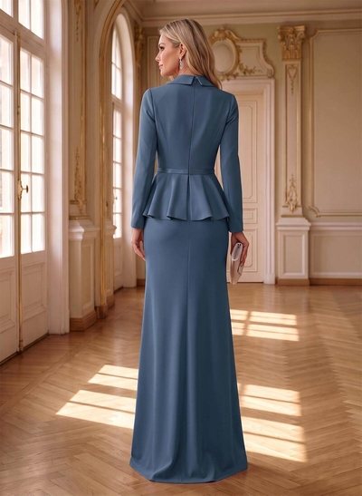 Sheath/Column V-Neck Long Sleeve Floor-Length Stretch Satin Mother Of The Bride Dress With Pleats/Flowers