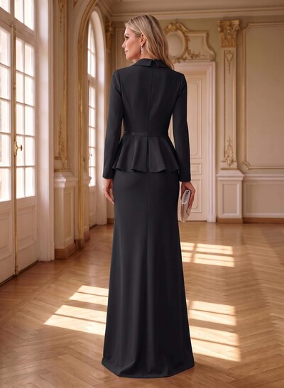 Sheath/Column V-Neck Long Sleeve Floor-Length Stretch Satin Mother Of The Bride Dress With Pleats/Flowers