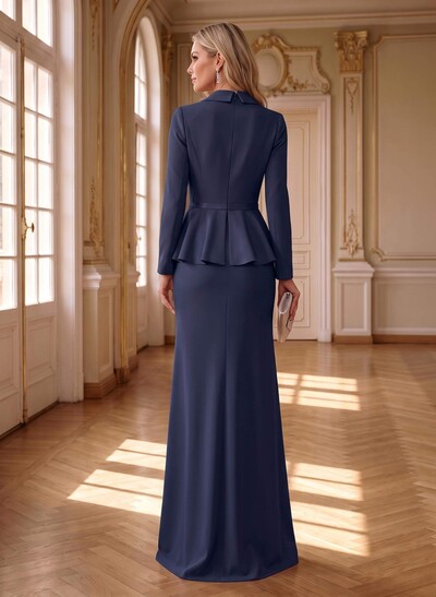 Sheath/Column V-Neck Long Sleeves Floor-Length Elastic Satin Mother Of The Bride Dresses With Pleated/Flower(s)