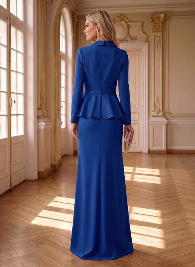 Sheath/Column V-Neck Long Sleeves Floor-Length Elastic Satin Mother Of The Bride Dresses With Pleated/Flower(s)