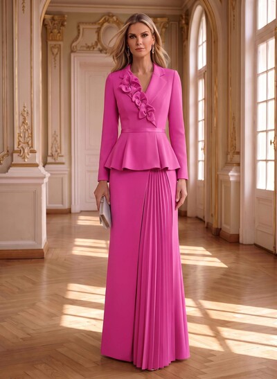 Sheath/Column V-Neck Long Sleeves Floor-Length Elastic Satin Mother Of The Bride Dresses With Pleated/Flower(s)