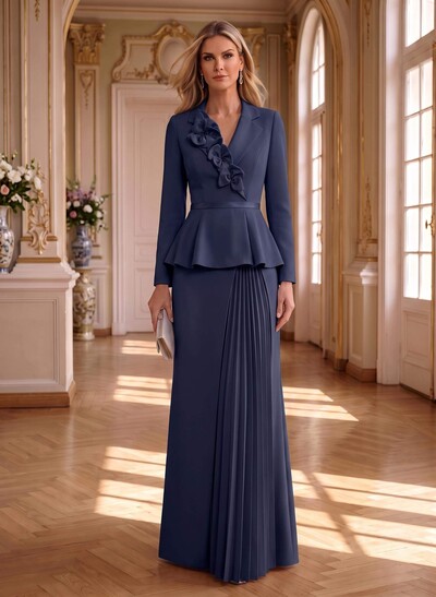 Sheath/Column V-Neck Long Sleeves Floor-Length Elastic Satin Mother Of The Bride Dresses With Pleated/Flower(s)